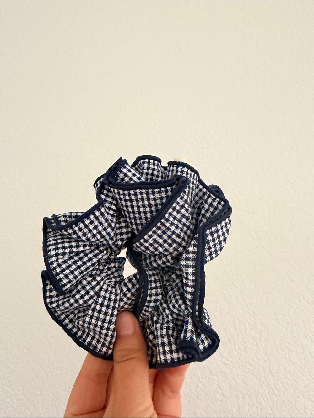 Sezane Navy and White Gingham Ruffle Scrunchie